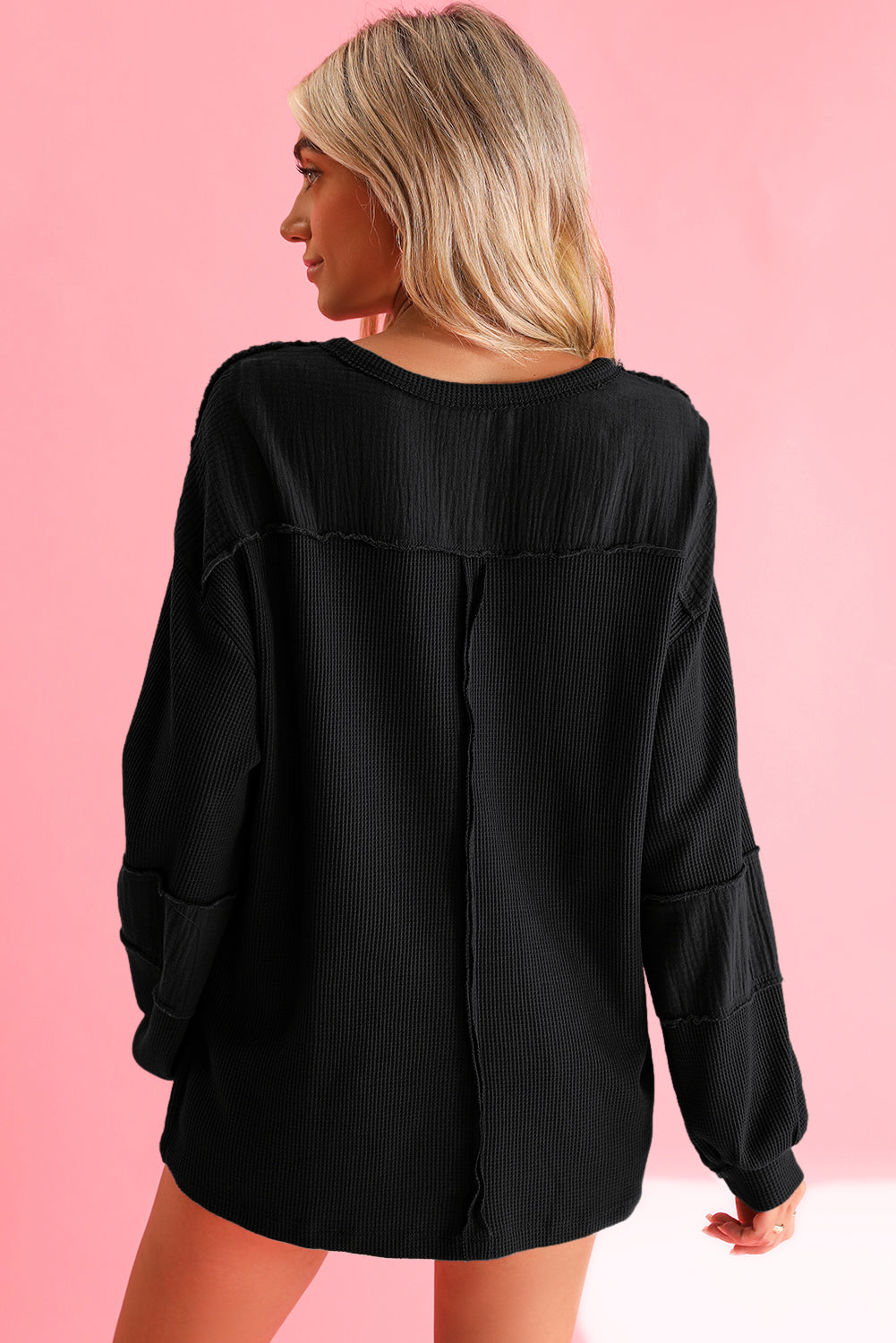 Black Waffle and Crinkle Long Sleeve Top