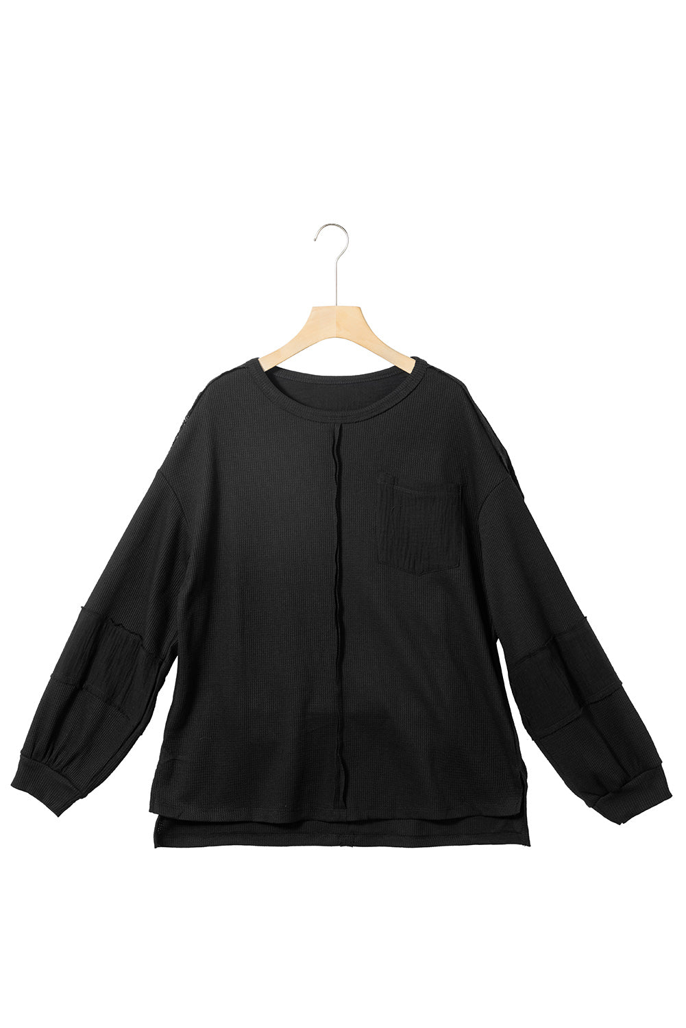 Black Waffle and Crinkle Long Sleeve Top