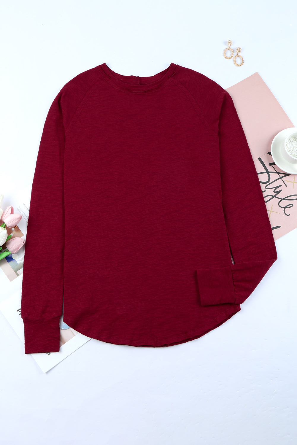 Dark Red Plain Thumbhole Long Sleeve Top