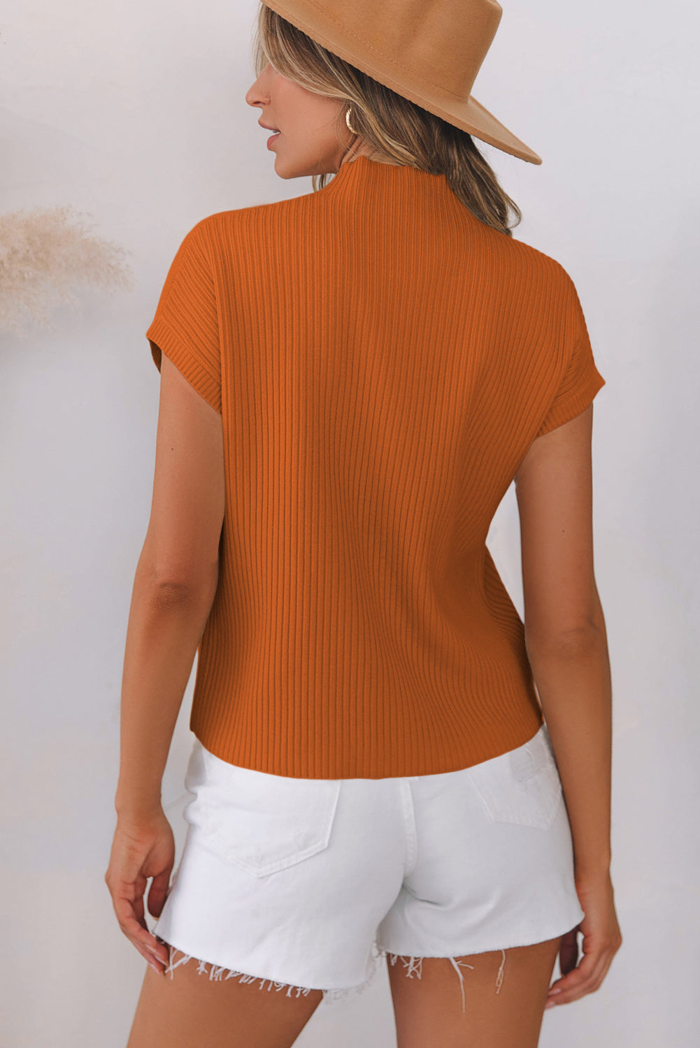 Gold Flame Patch Pocket Ribbed Knit Short Sleeve Sweater