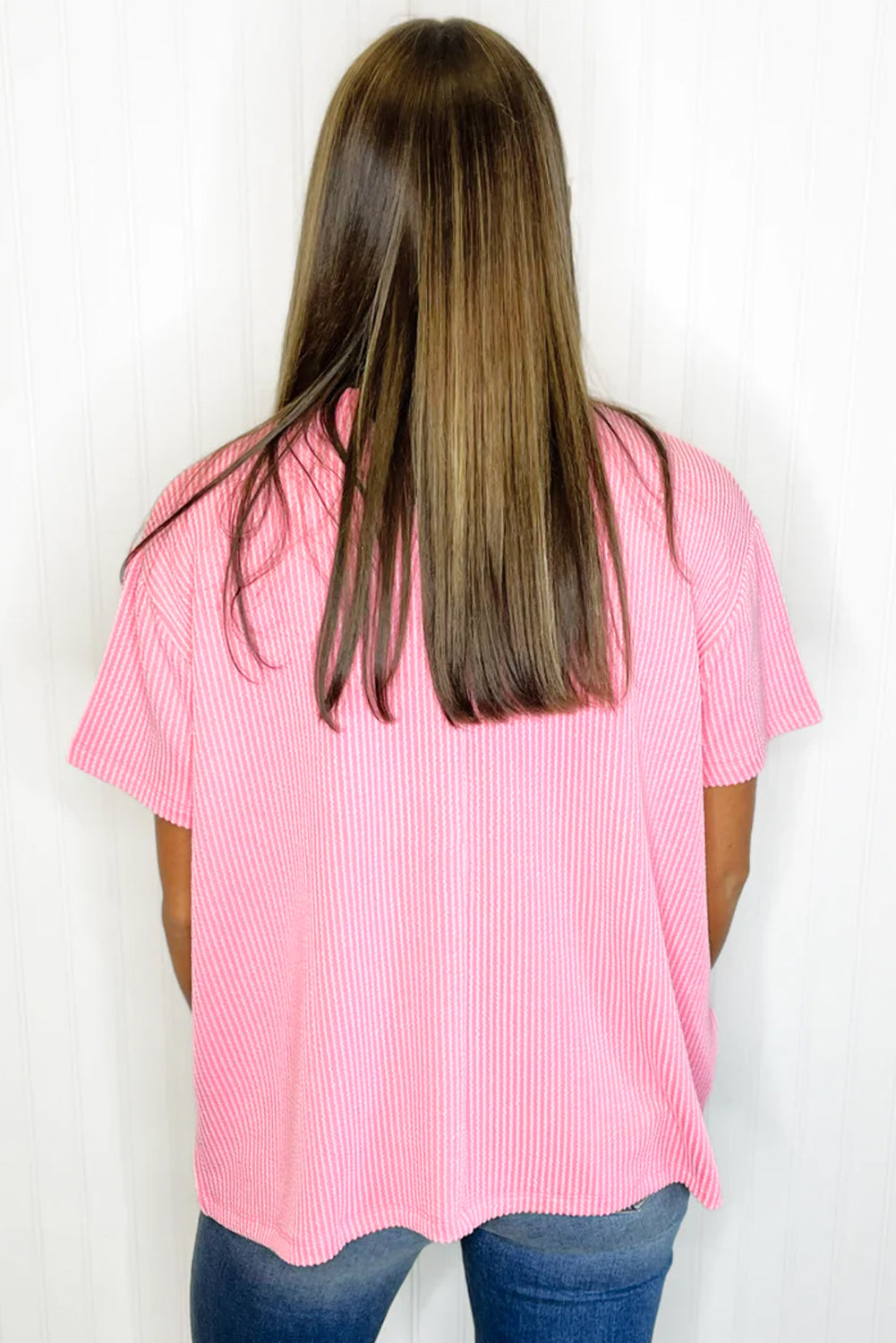 Pink Ribbed Knit Pocketed Loose Fit Crew Neck T Shirt