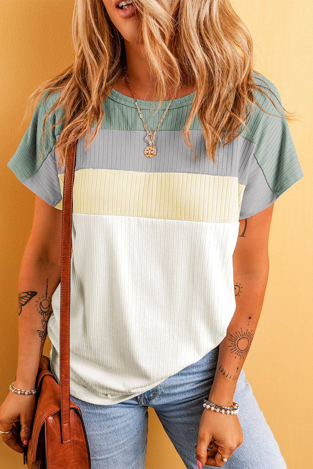 White Ribbed Color Block Patchwork T shirt