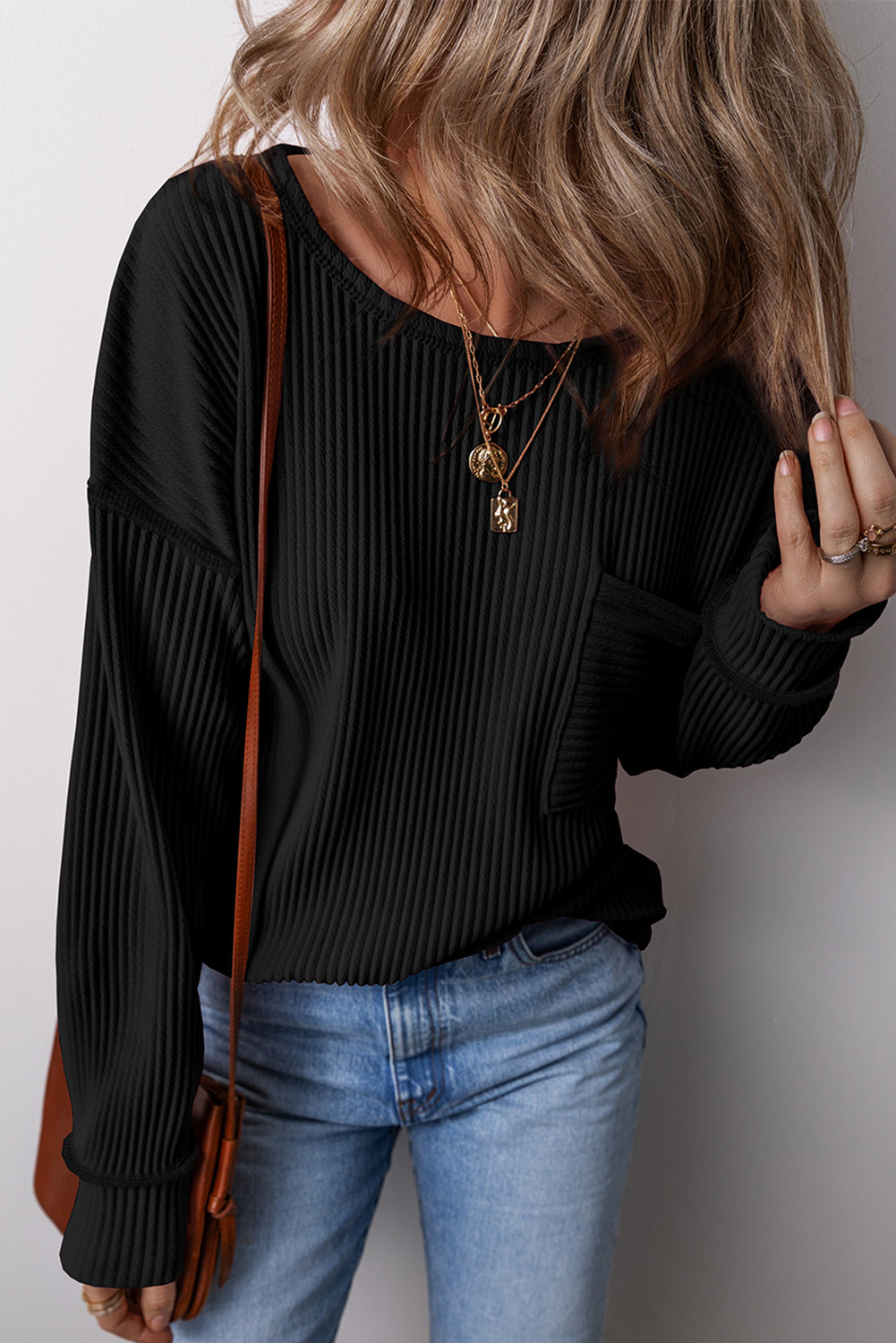 Black Pocketed Ribbed Long Sleeve Top