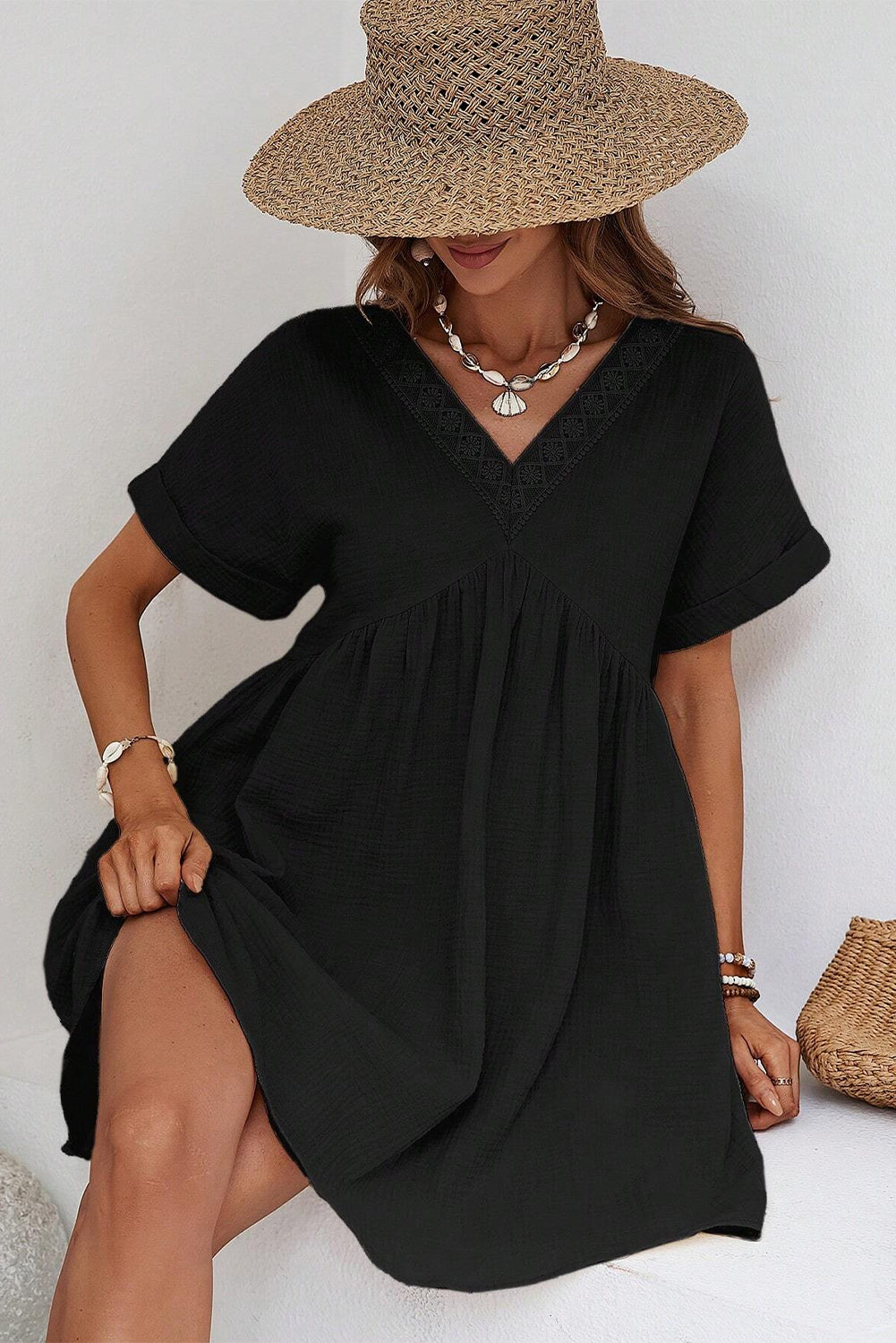 Wholesale Black Folded Short Sleeve Lace V Neck Mini Dress