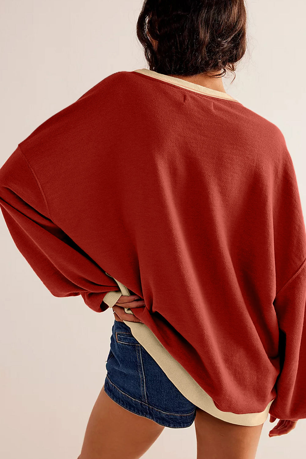 White Color Block Drop Shoulder Crewneck Oversized Sweatshirt