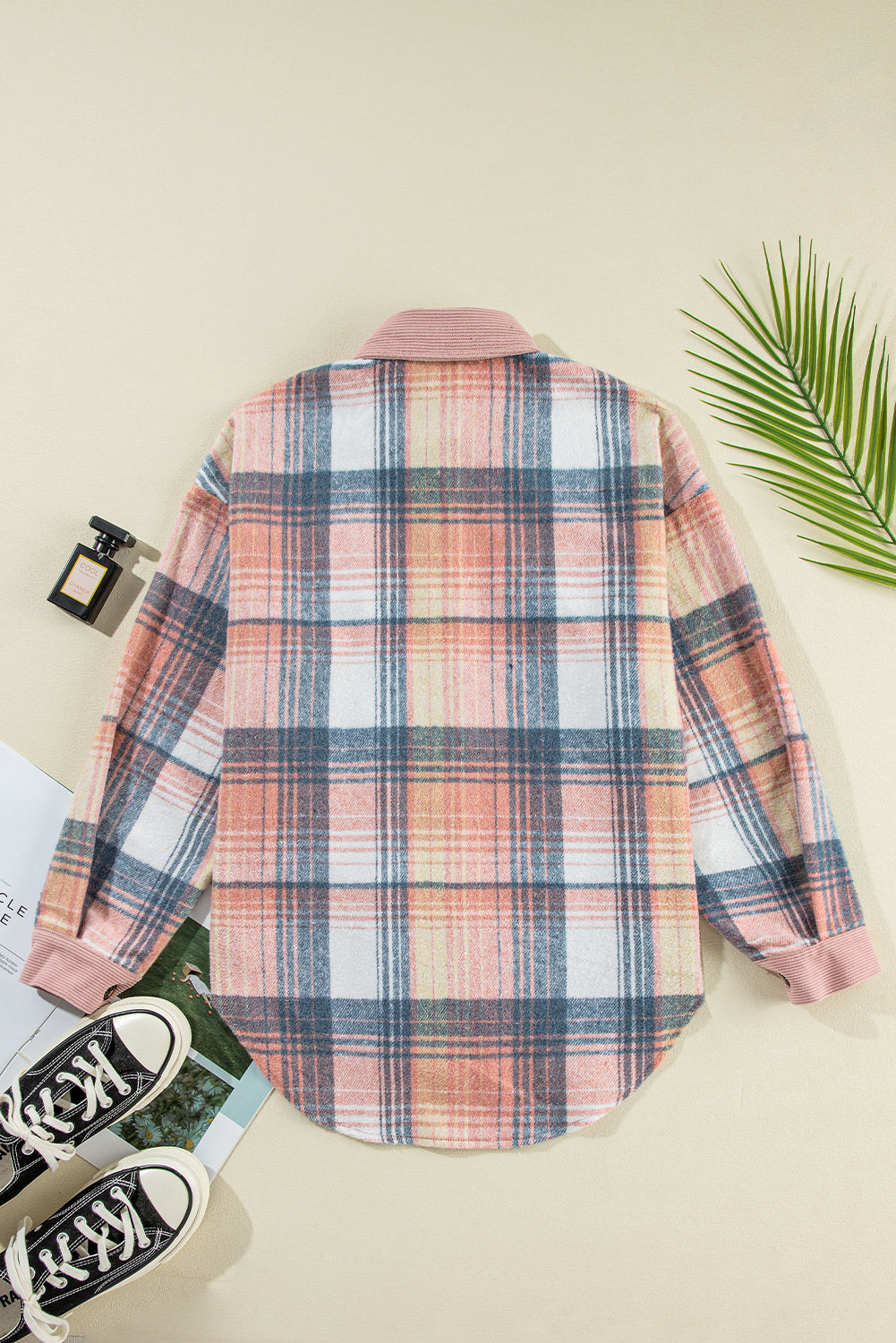 Light Pink Plaid Corduroy Patchwork Pocket Loose Shacket