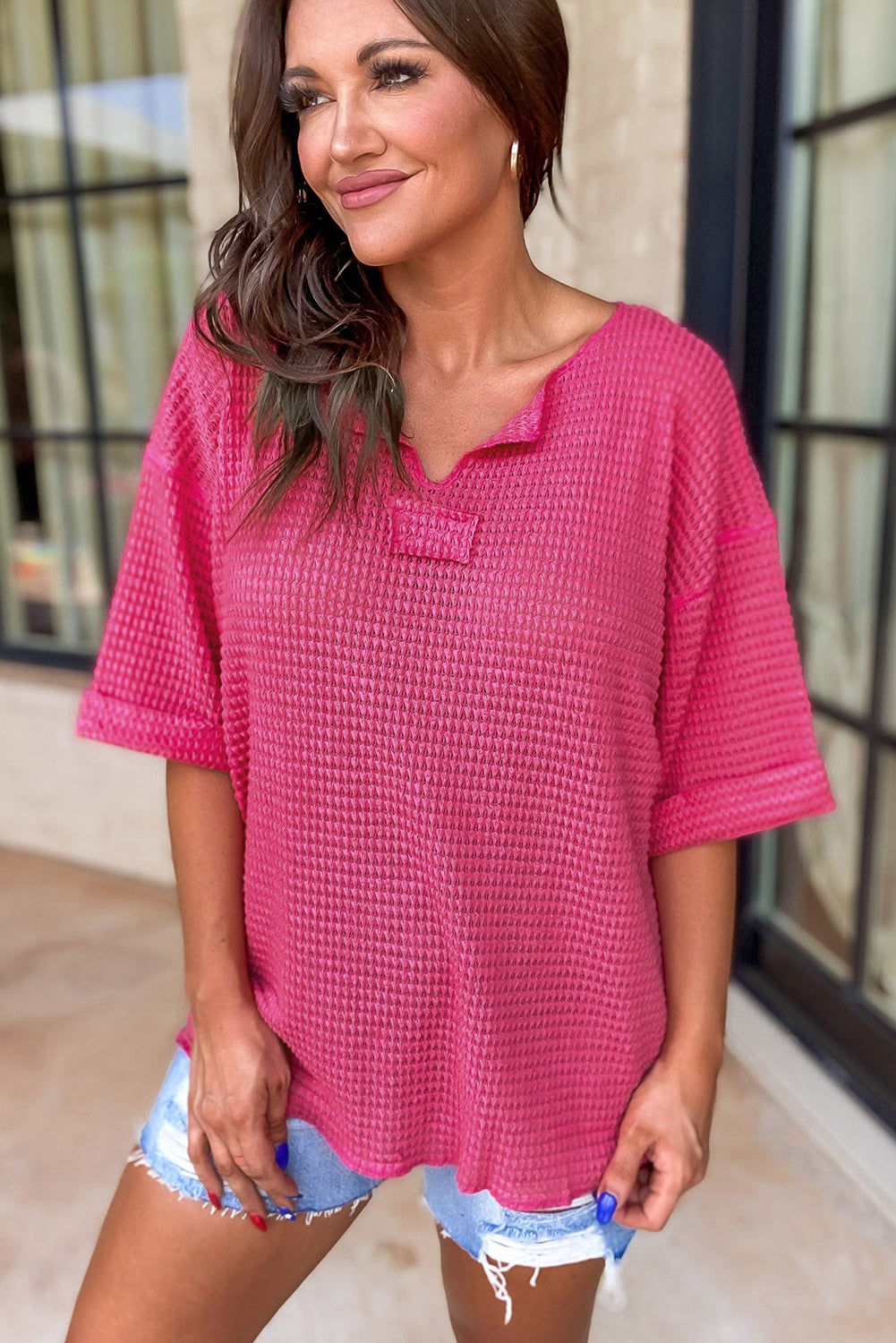 Strawberry Pink Textured Knit Split Neck Short Sleeve Top