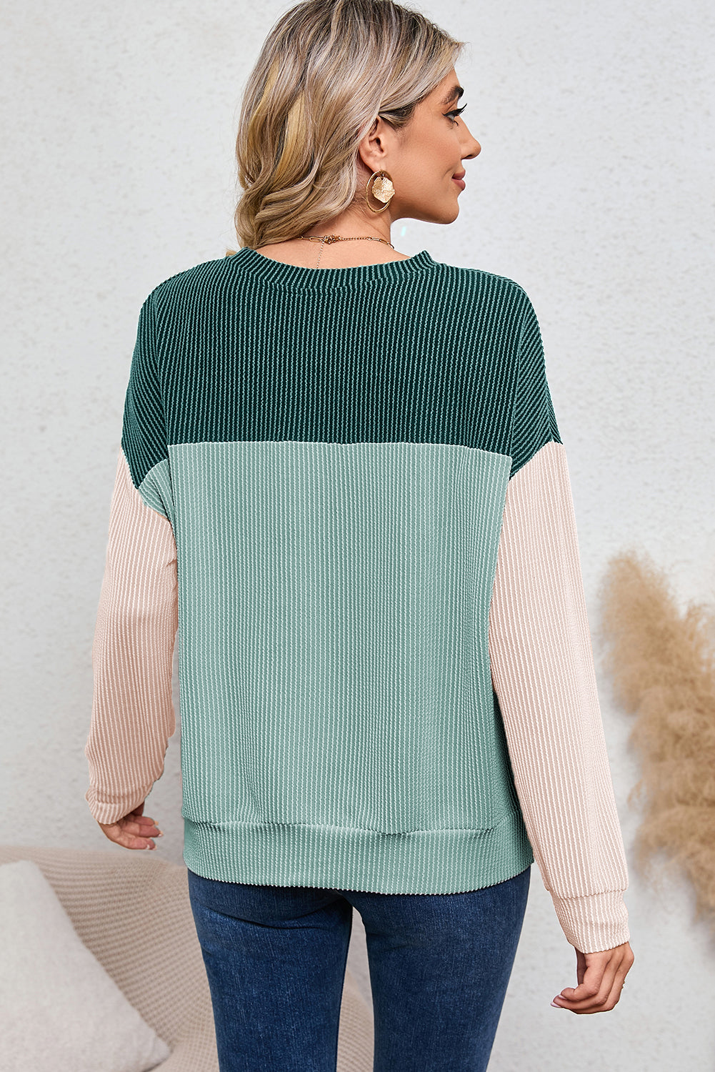 Dark Green Color Block Cording Loose Long Sleeve Top