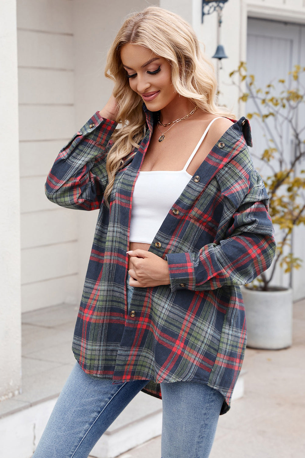 Red Plaid Chest Pocket Button Front Shirt