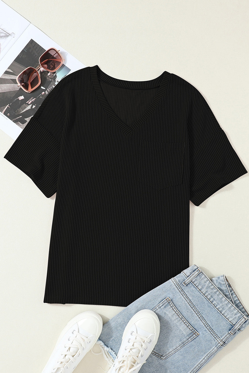 Valerian Ribbed V Neck Pocket Drop Sleeve T-Shirt