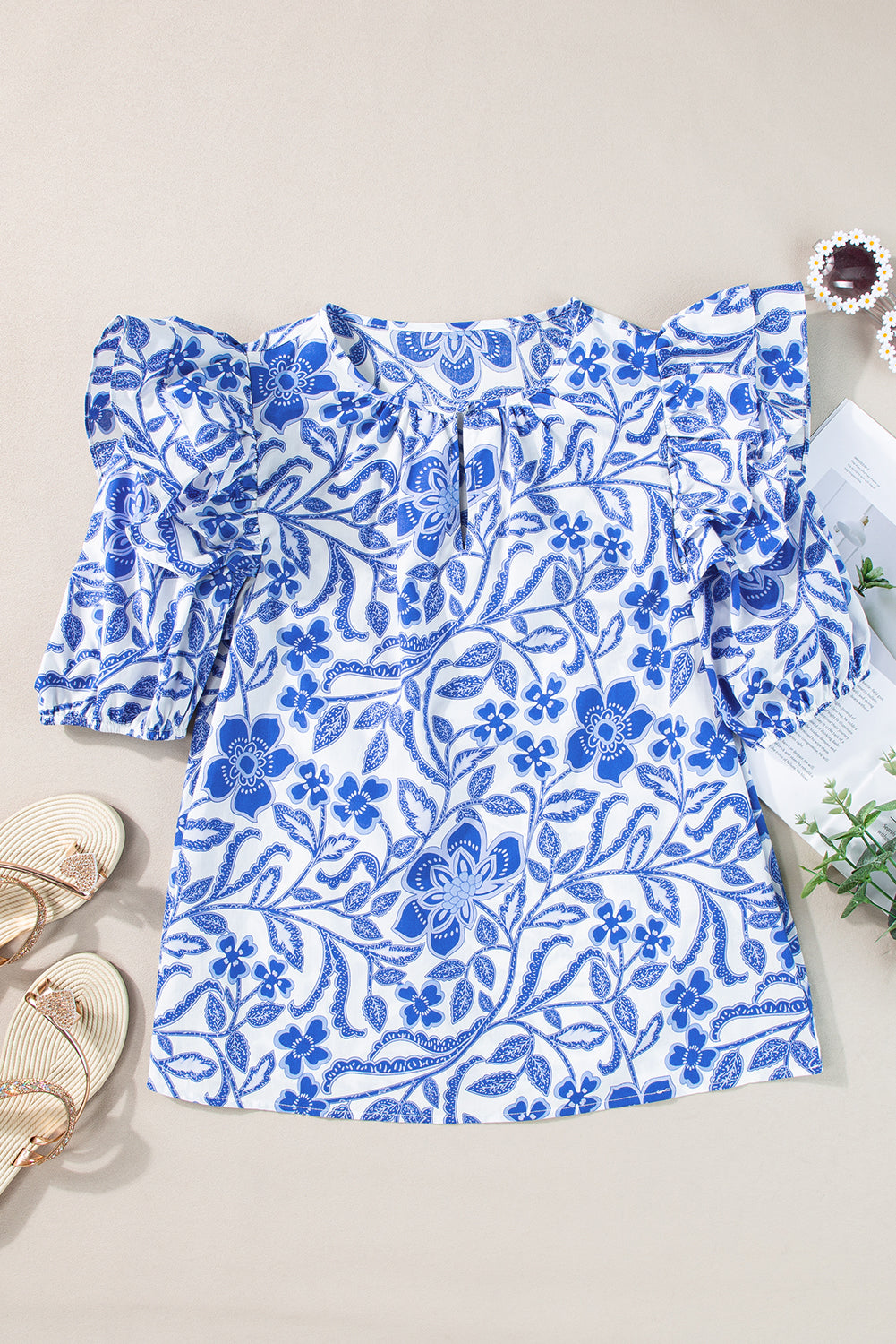 Wholesale Dark Blue Floral Print Ruffled Bubble Sleeve Blouse