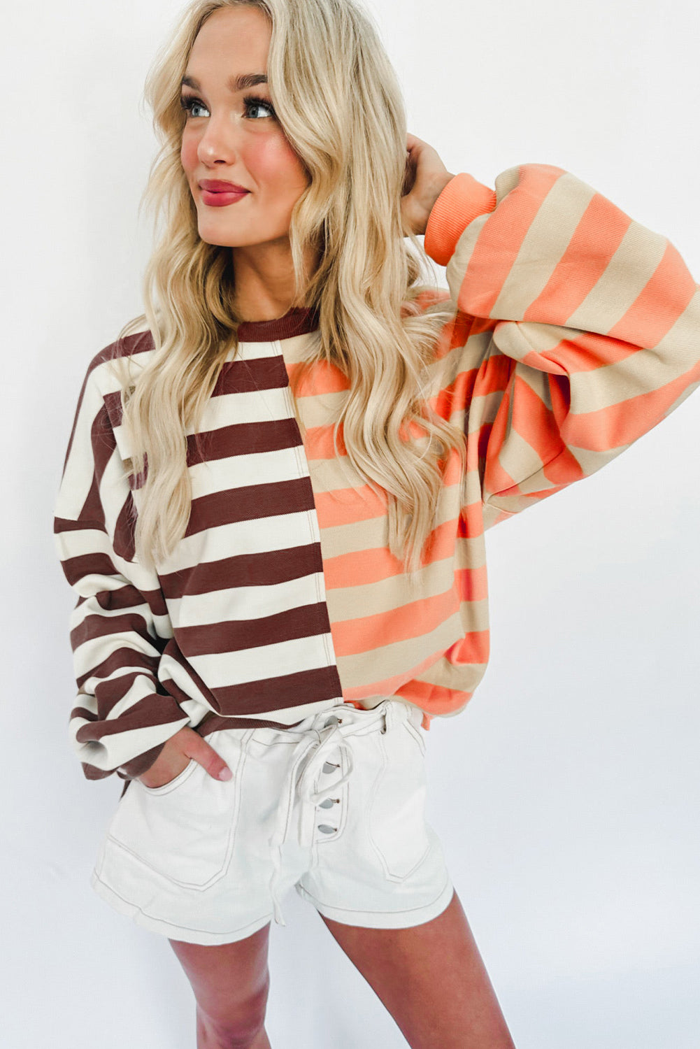 Brown Stripe Color Block Drop Shoulder Pullover Sweatshirt