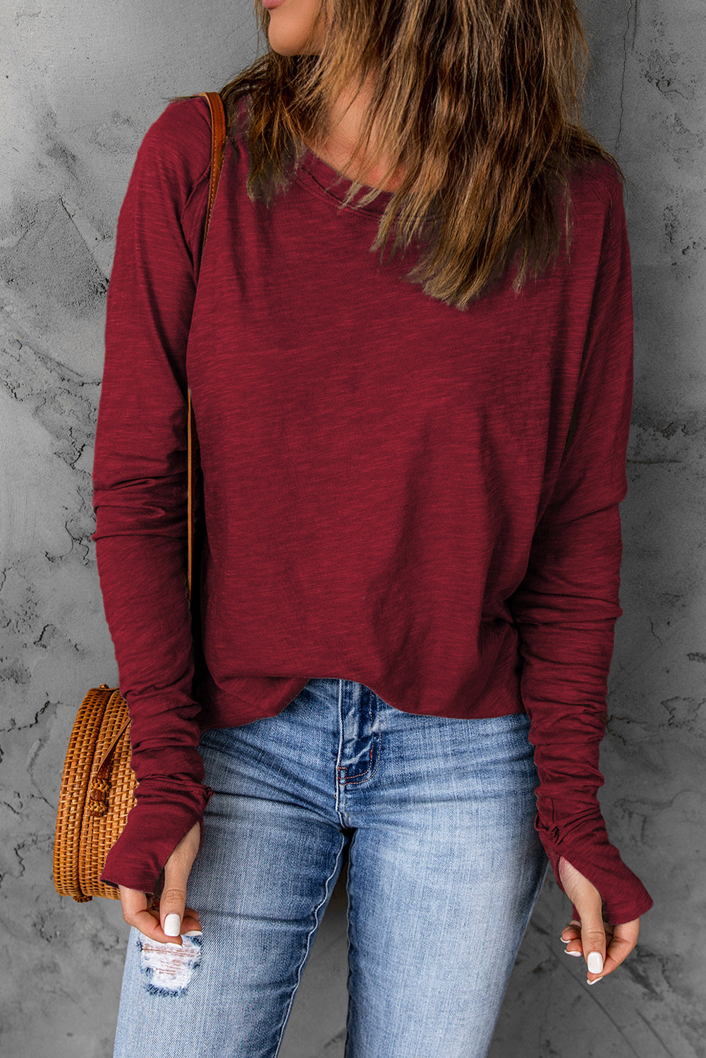 Dark Red Plain Thumbhole Long Sleeve Top