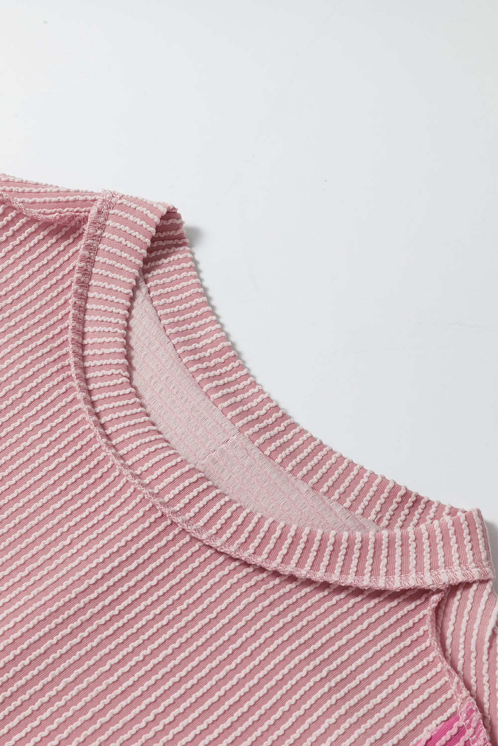 Apricot Pink Colorblock Ribbed Round Neck T Shirt