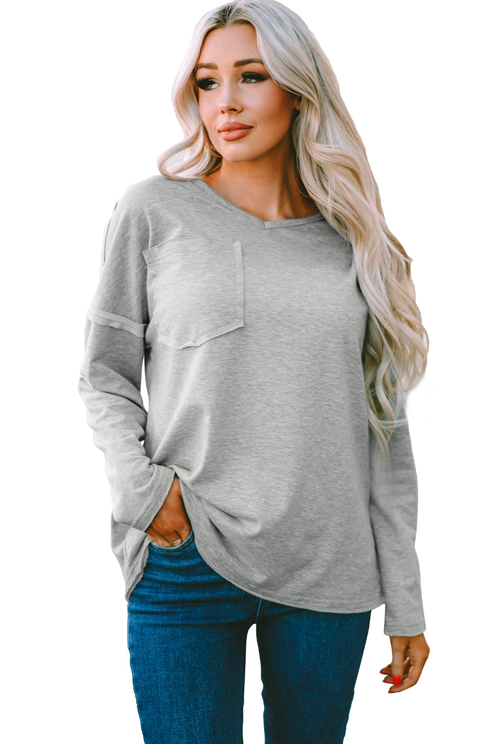 Grey V Neck Exposed Seam Drop Shoulder Long Sleeve Top