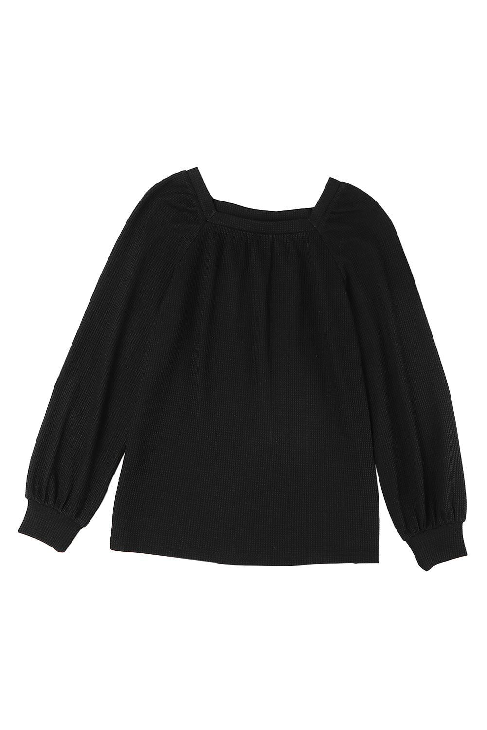 Black Waffle Textured Square Neck Bishop Sleeve Top