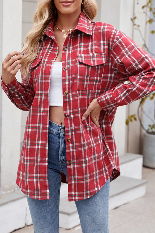 Red Plaid Chest Pocket Button Front Shirt