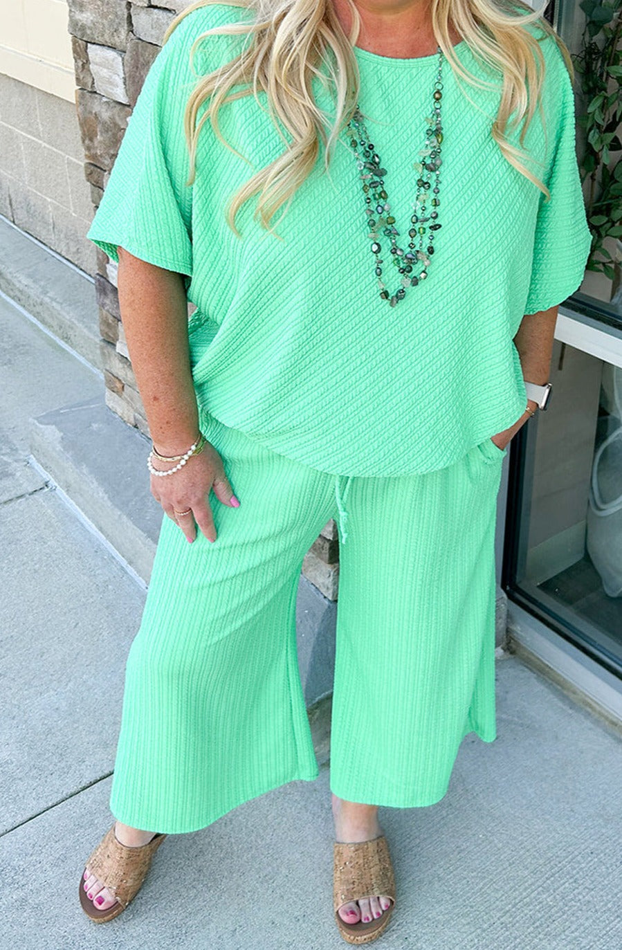 Mint Green Textured Batwing Sleeve Tee & Wide Leg Pants Plus Size Set