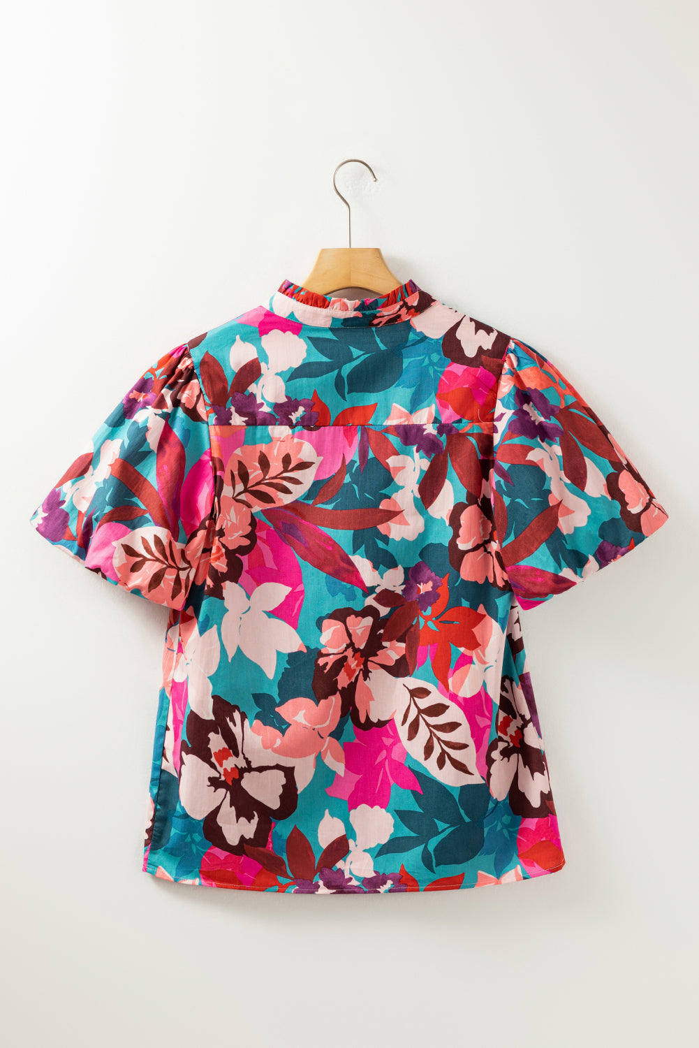 Wholesale Rose Red Floral Print V Neck Lantern Sleeve Blouse