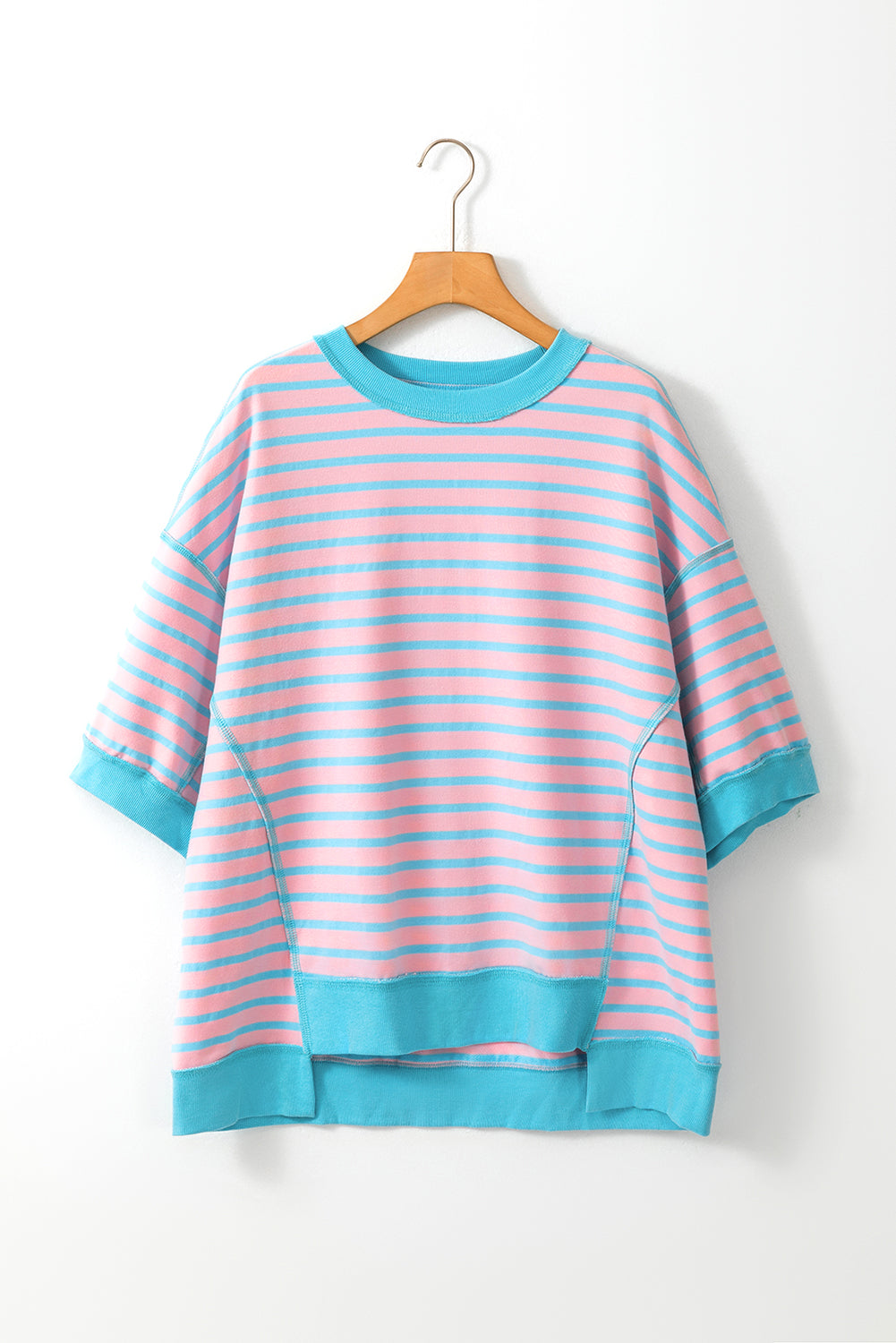 Pink Stripe Colorblock Drop Sleeve Oversized T Shirt