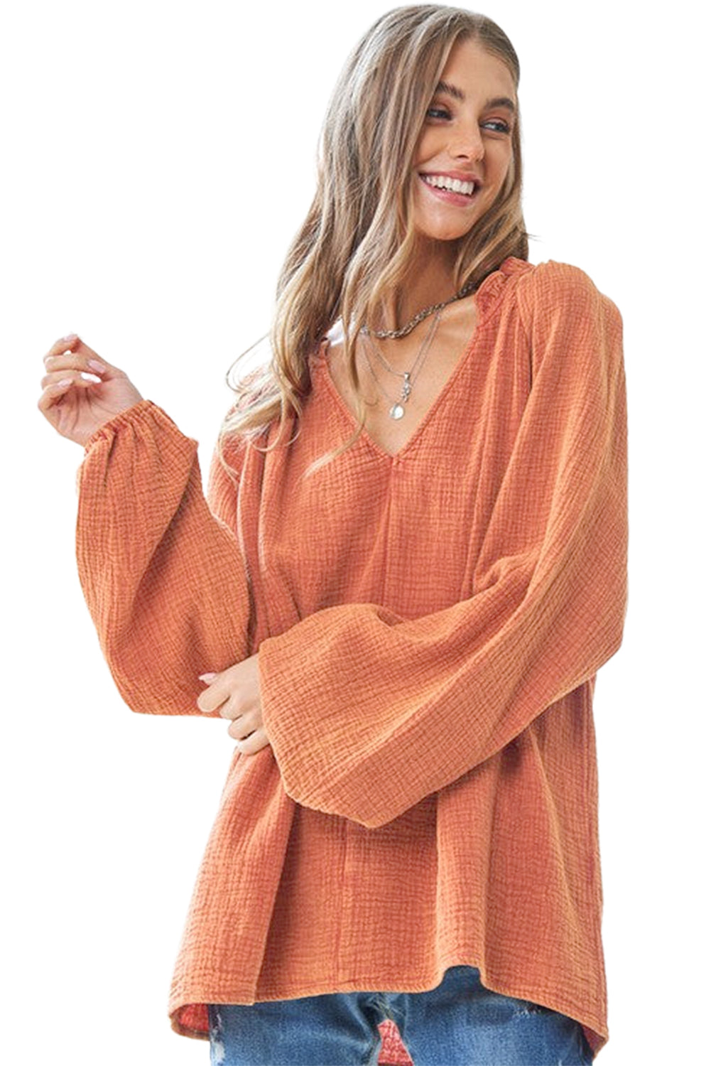 Orange Crinkle Textured Frill Split Neck Puff Sleeve Blouse