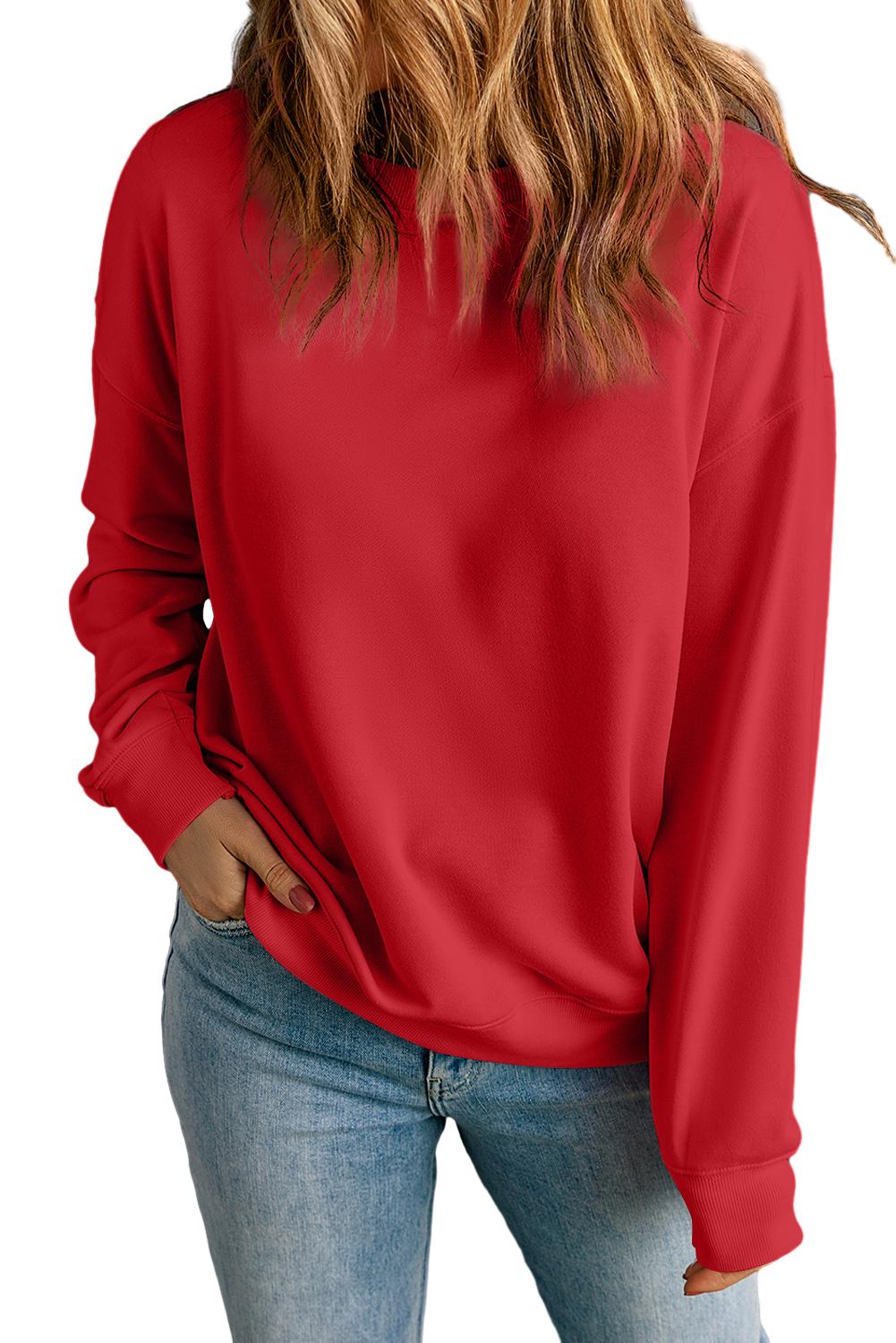 Red Solid Color Classic Crewneck Pullover Sweatshirt