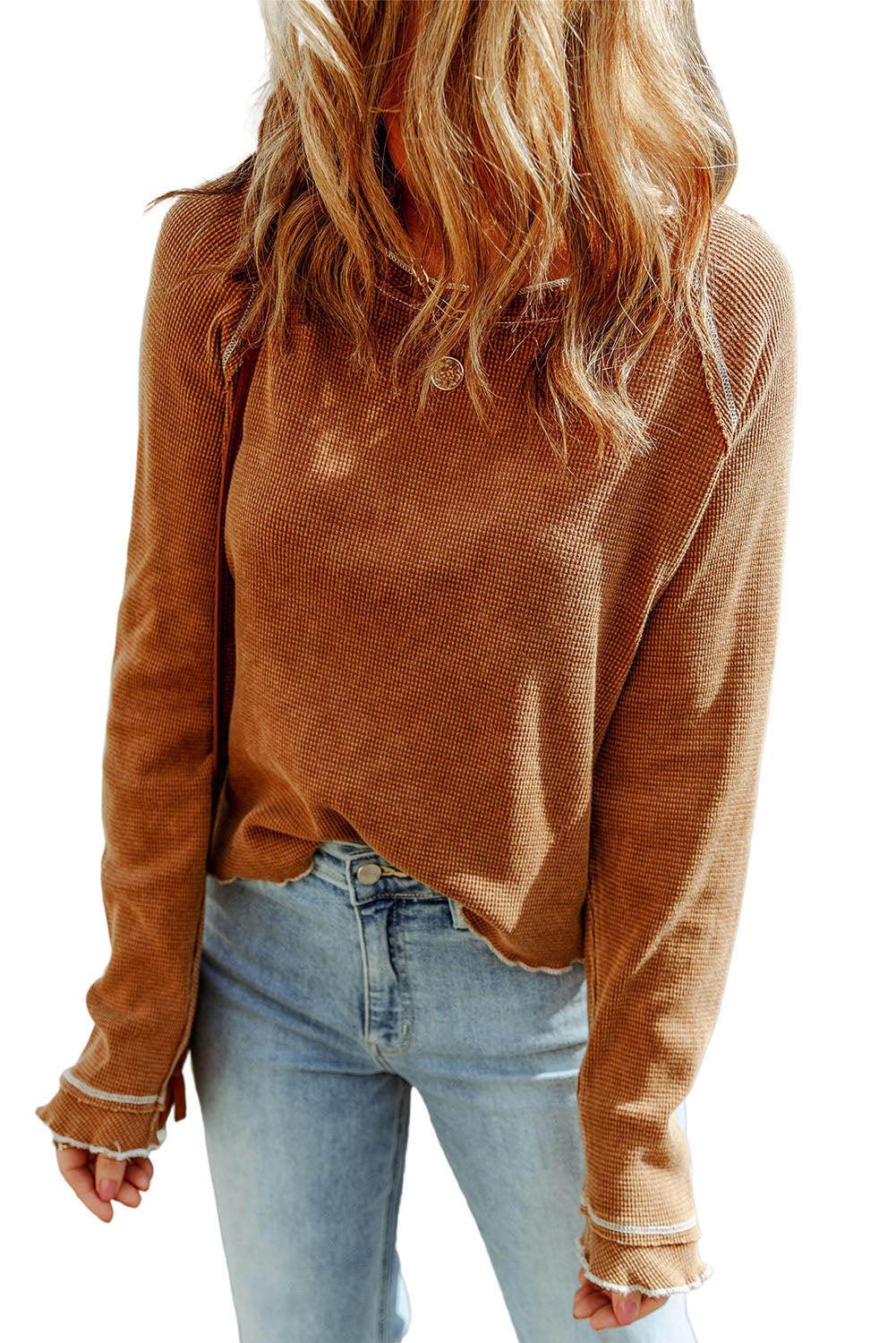 Red Exposed Seam Textured Pullover Long Sleeve Top