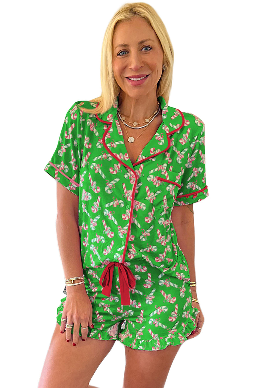 Red Christmas Candy Cane Print Pajama Set