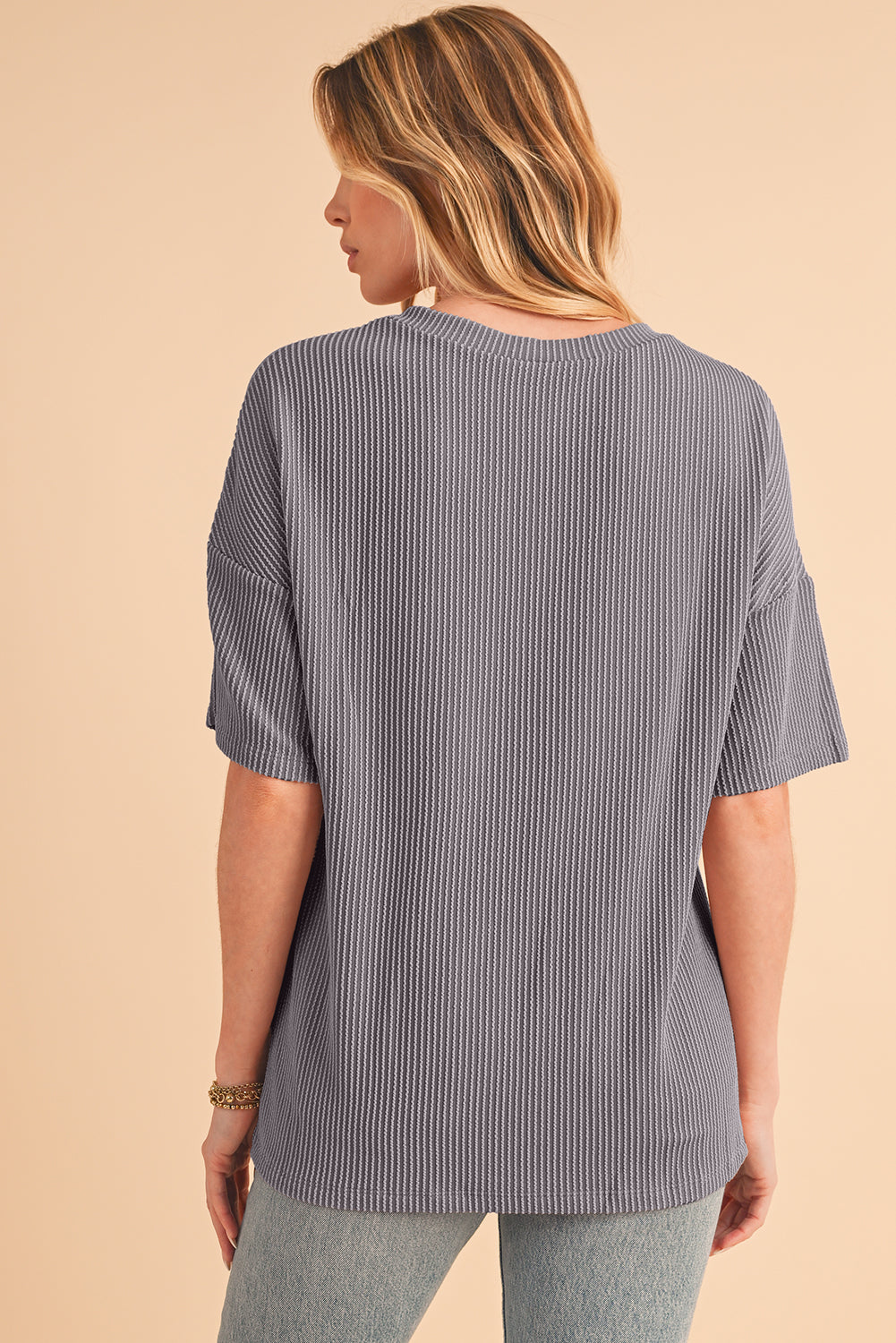 Valerian Ribbed V Neck Pocket Drop Sleeve T-Shirt