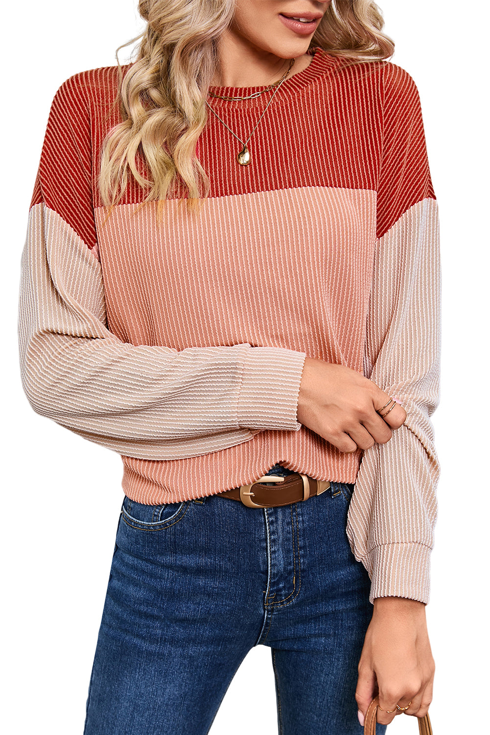 Dark Green Color Block Cording Loose Long Sleeve Top