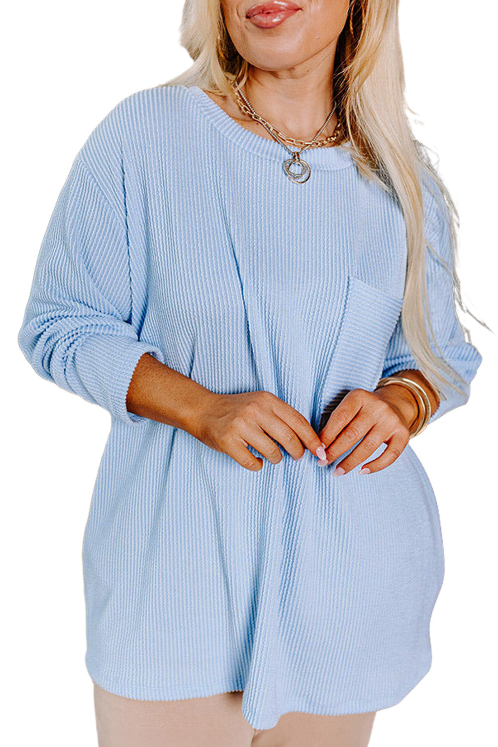 White Plus Size Ribbed Textured Pocketed Long Sleeve Top