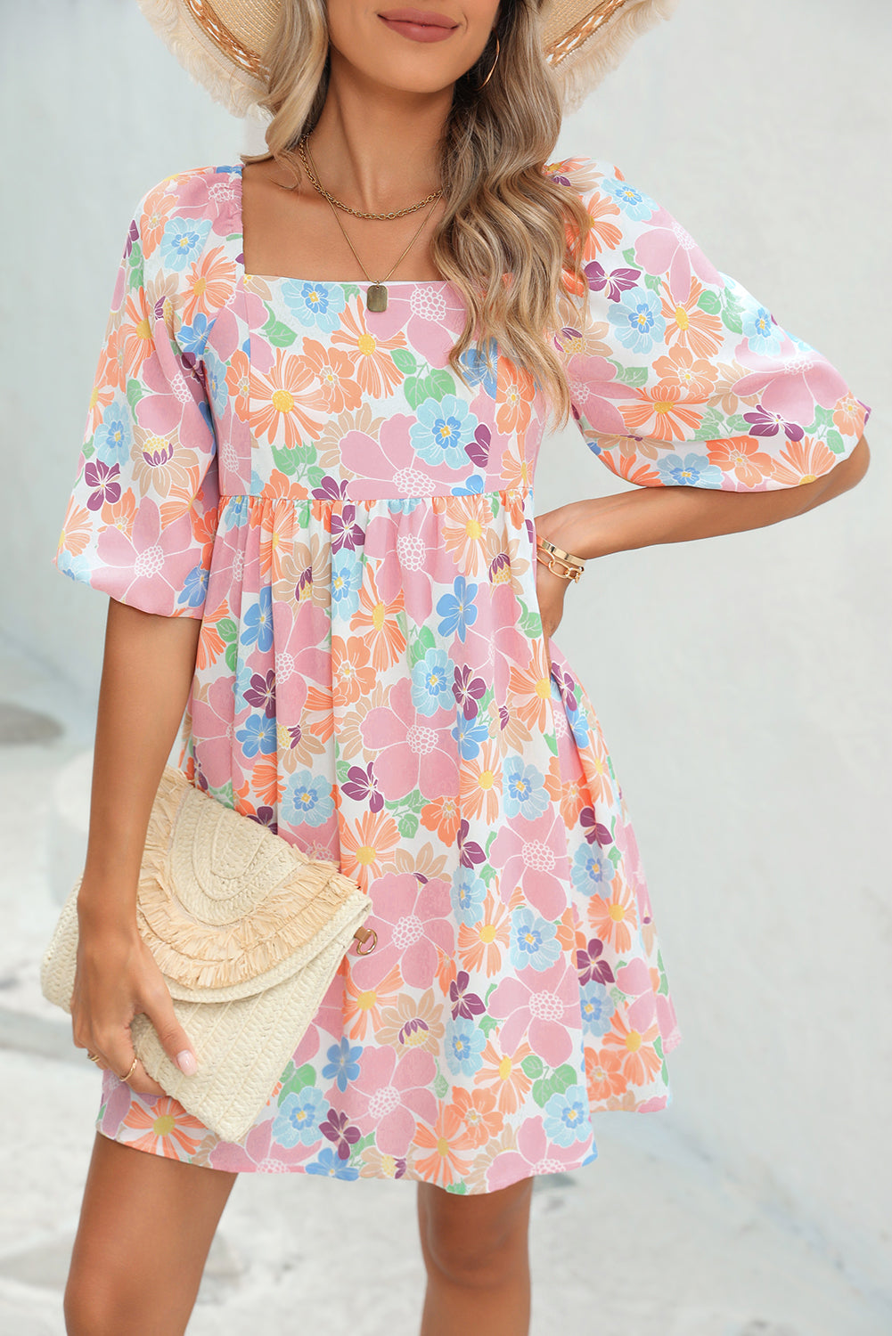 Pink Summer Floral Square Neck Puff Sleeve Babydoll Dress