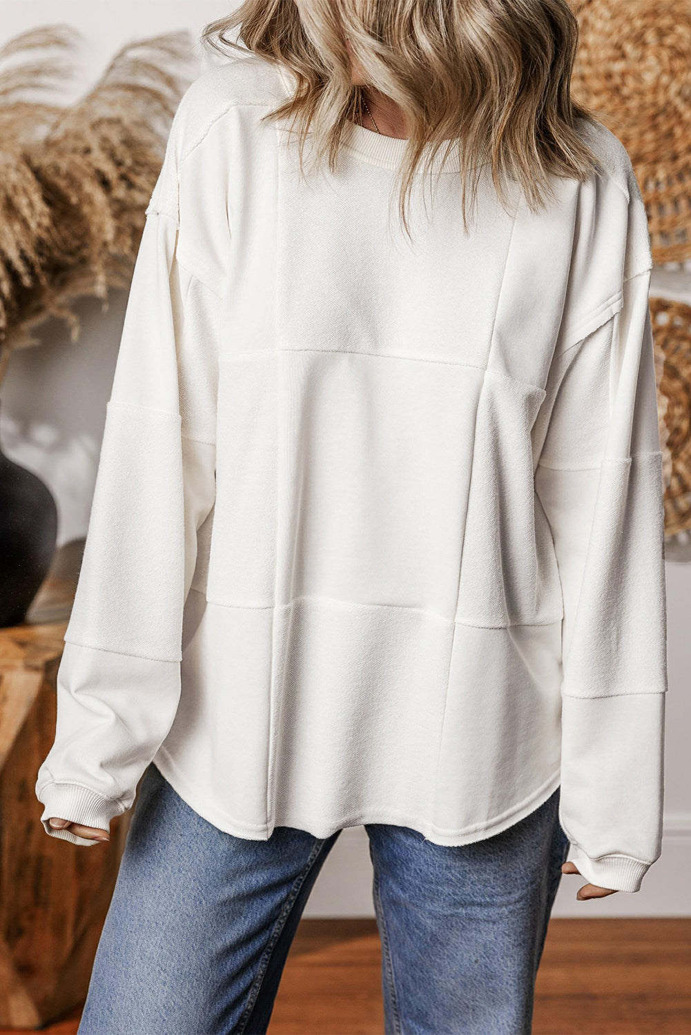 White Solid Color Drop Shoulder Baggy Sweatshirt