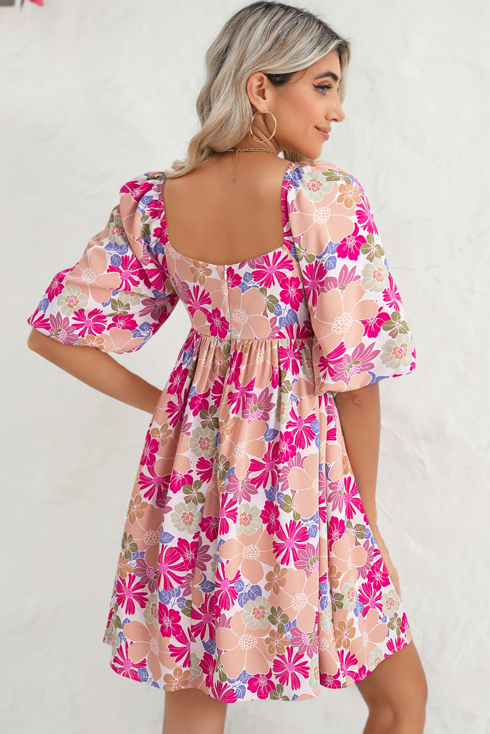 Pink Summer Floral Square Neck Puff Sleeve Babydoll Dress