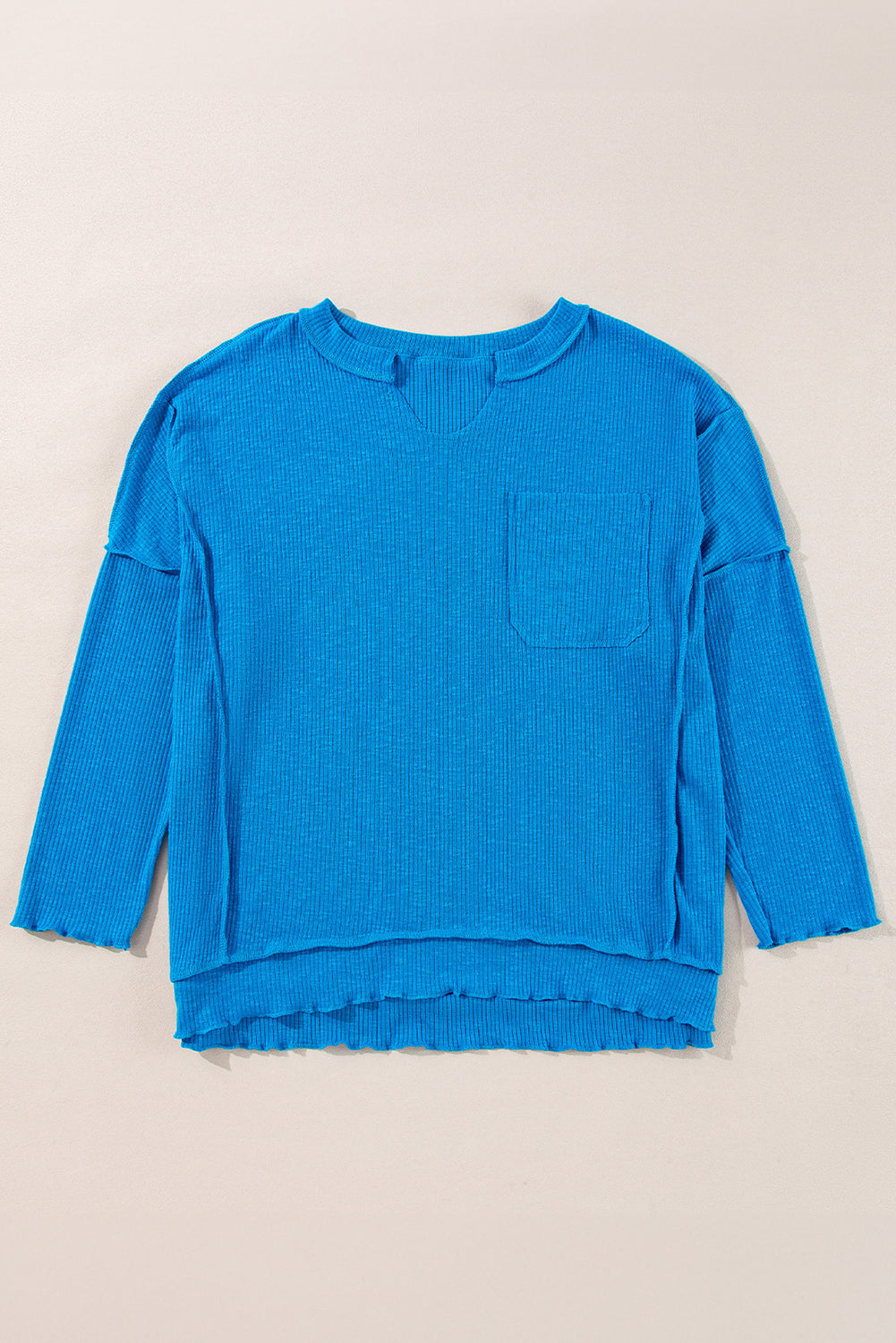 Blue V-Neck Pocketed Ribbed Dolman Top