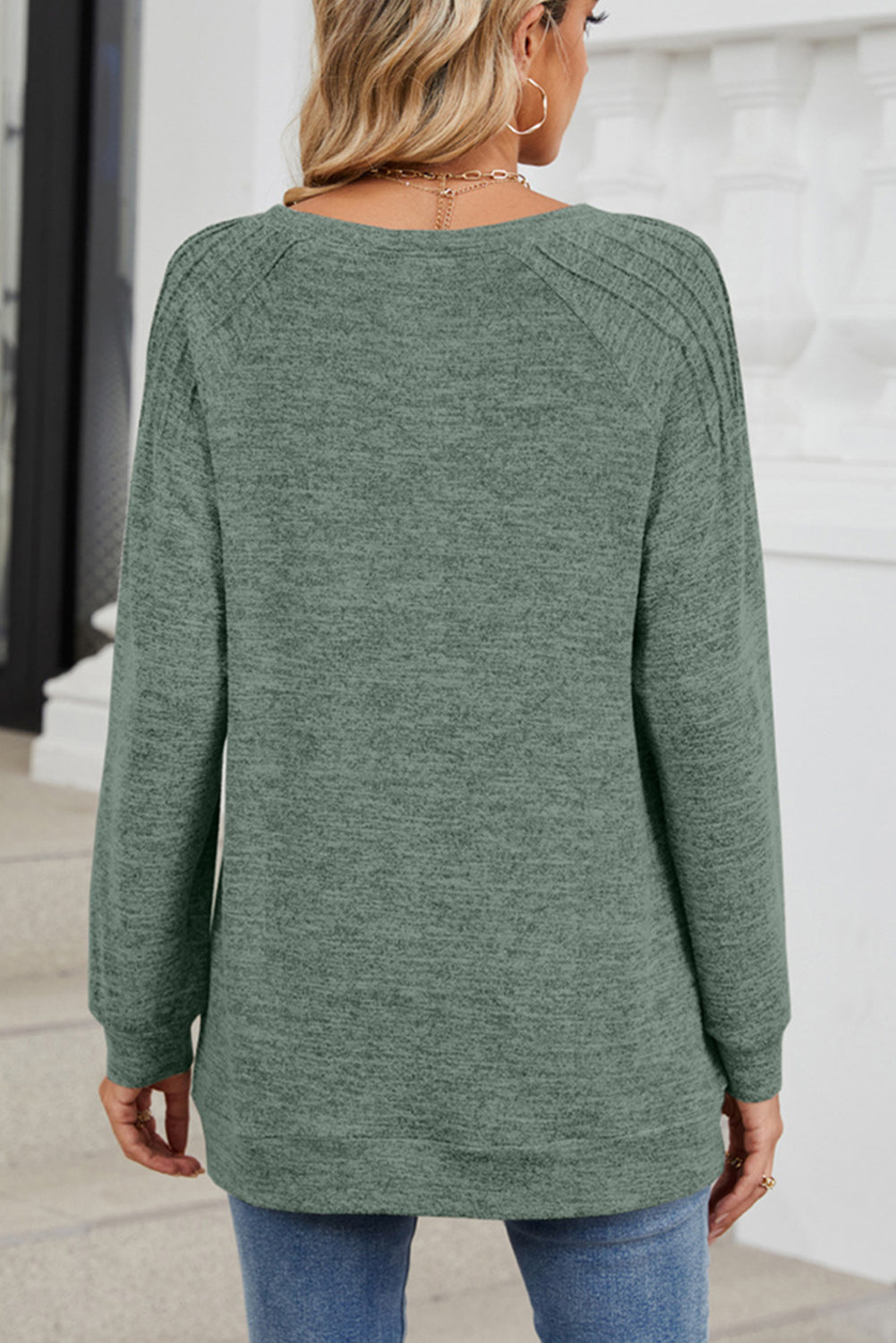 Green Bay Round Neck Pleated Long Sleeve Top