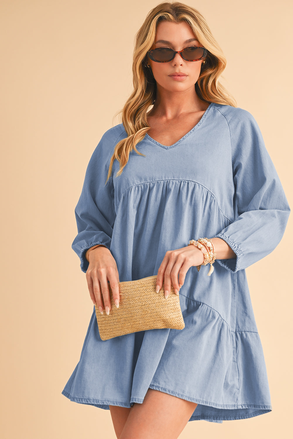 Beau Blue Puff Sleeve V Neck Tiered Ruffled Chambray Mini Dress