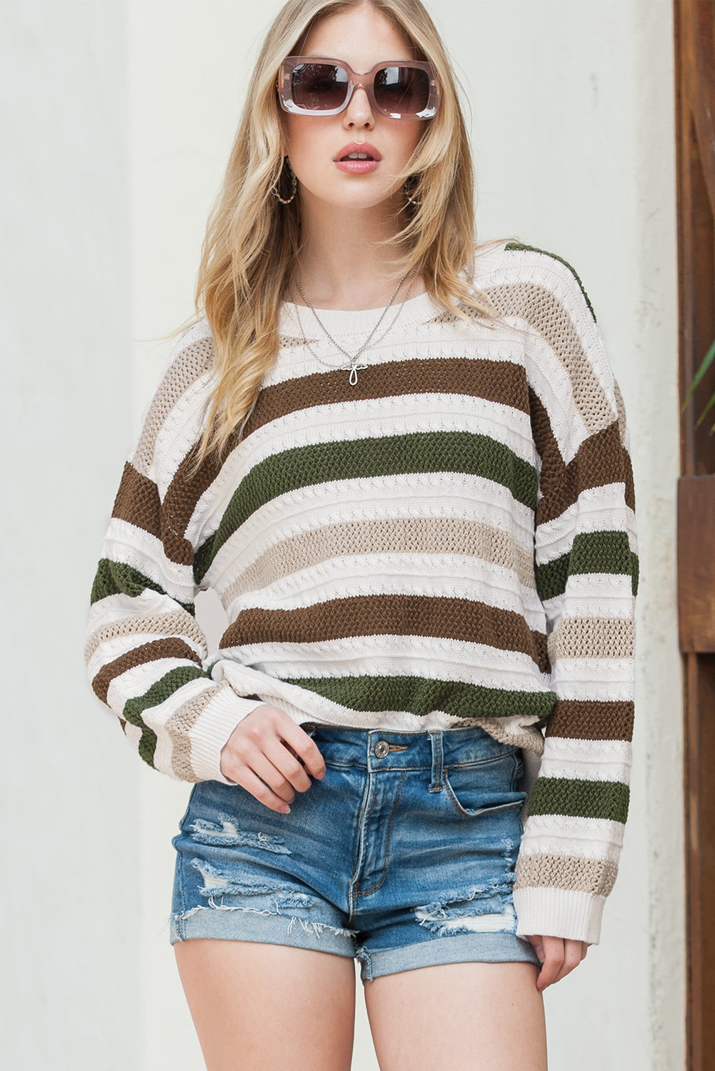 Striped Colorblock Drop Sleeve Hollowed Knit Sweater