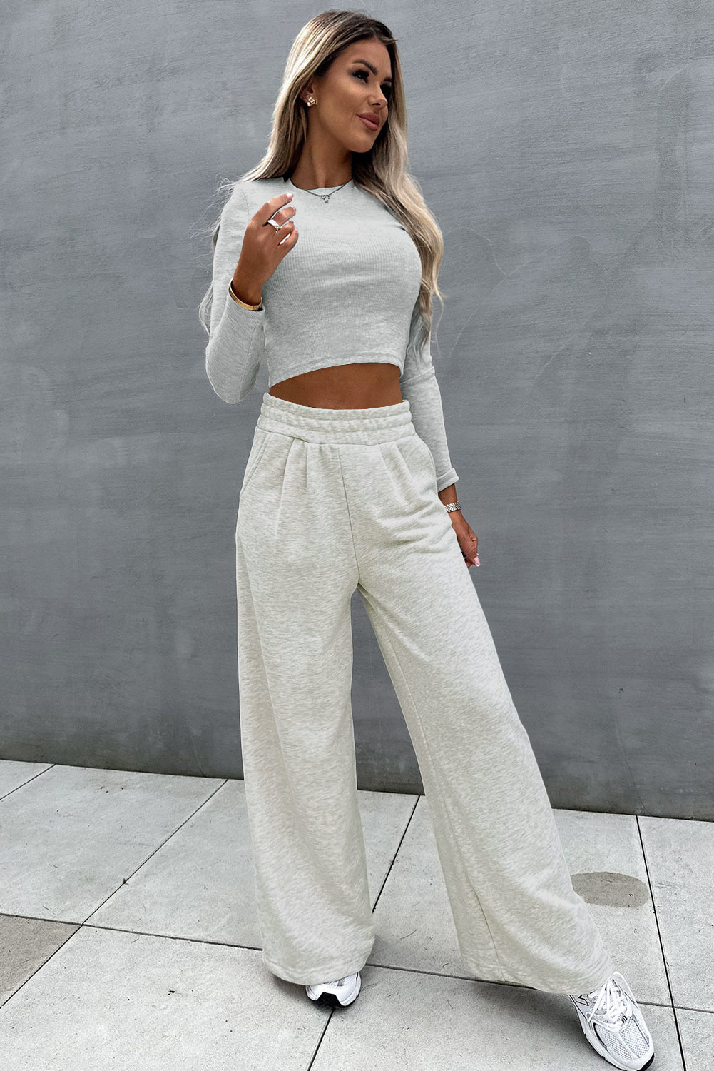 Beige Slim Fit Crop Top and Wide Leg Pants Set