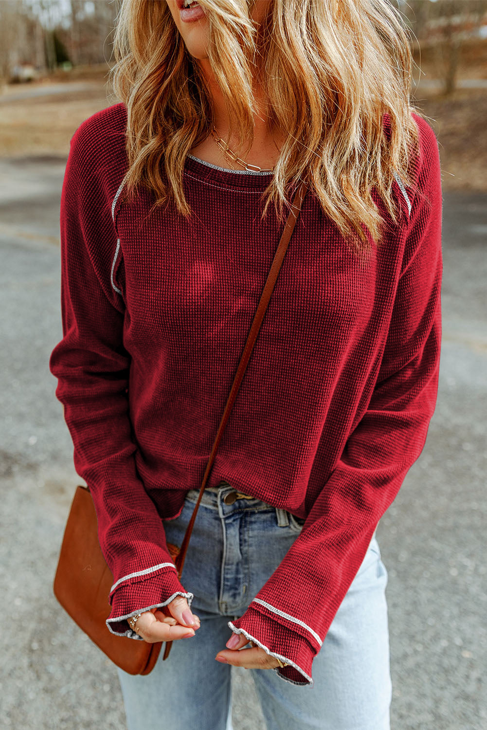 Red Exposed Seam Textured Pullover Long Sleeve Top